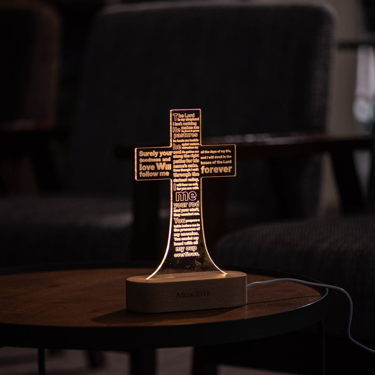 The Lord is my Shepherd(Psalms 23), Jesus Cross 3D Night Light, Warm White Wooden Base, Cross Light Home Decor