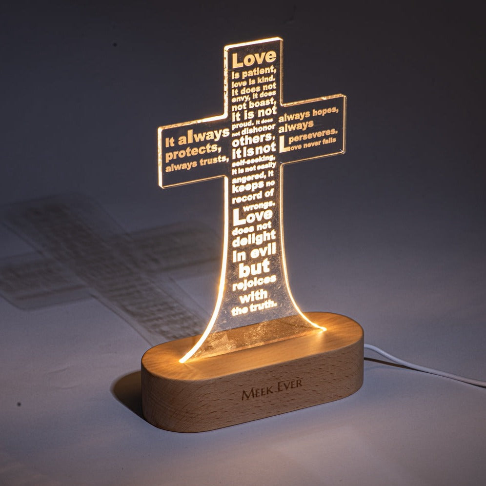 Love is patient (1 Corinthians 13:4-8), Jesus Cross 3D Night Light, Warm White Wooden Base, Cross Light Home Decor