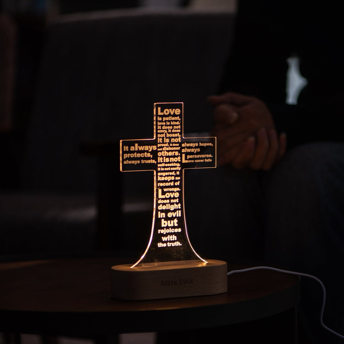 Love is patient (1 Corinthians 13:4-8), Jesus Cross 3D Night Light, Warm White Wooden Base, Cross Light Home Decor