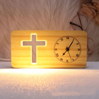 Solid Wood Carved Hollow Clock Ornament - Christian 3D Night Light - Cross, Church, Jesus Carving Options