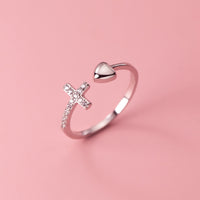 Heart Cross Sterling Silver Ring - Open Design - Adjustable Band- Christian Jewelry - Christian Gift