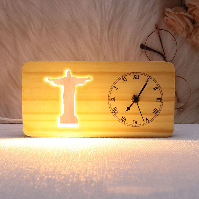 Solid Wood Carved Hollow Clock Ornament - Christian 3D Night Light - Cross, Church, Jesus Carving Options