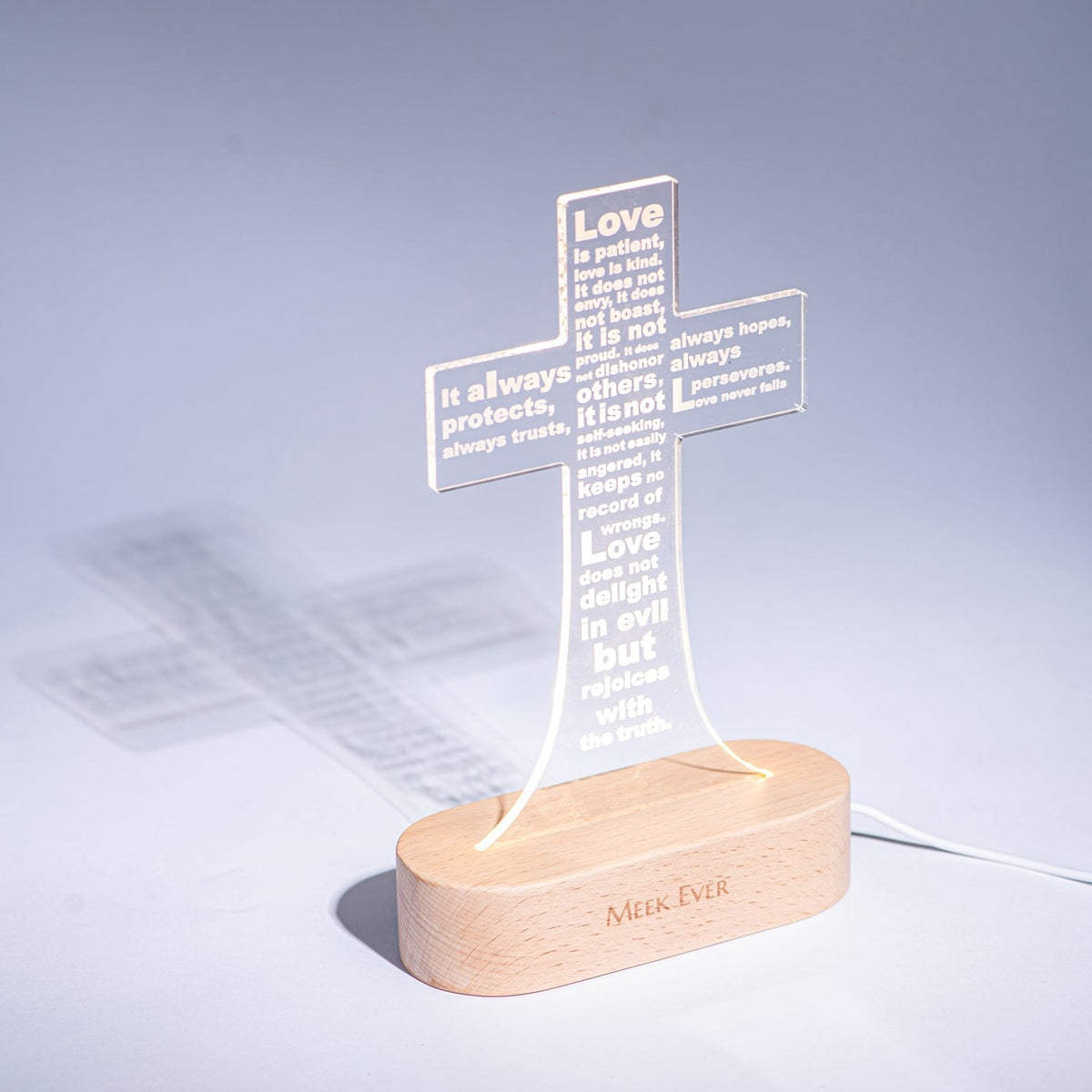 Love is patient (1 Corinthians 13:4-8), Jesus Cross 3D Night Light, Warm White Wooden Base, Cross Light Home Decor