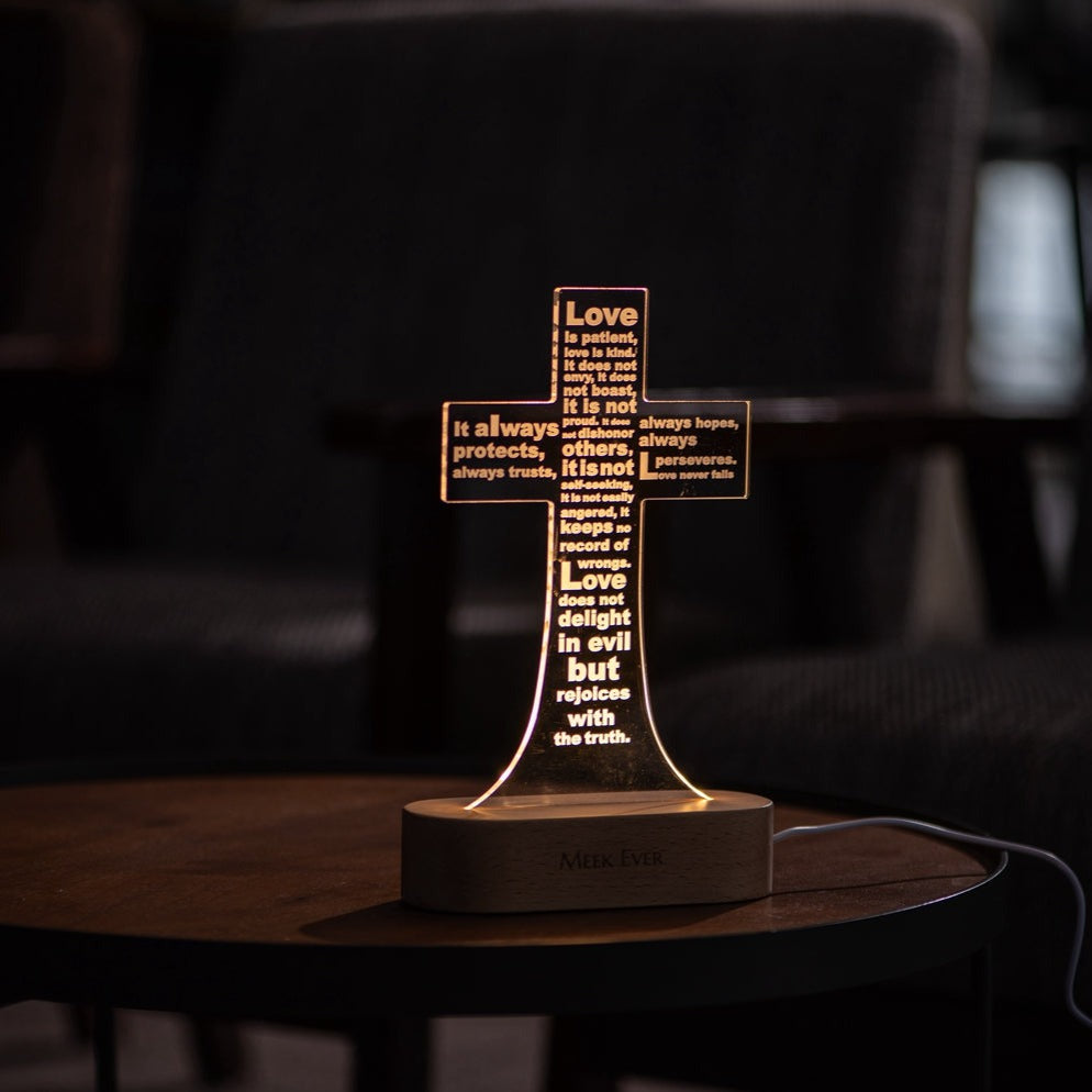 Love is patient (1 Corinthians 13:4-8), Jesus Cross 3D Night Light, Warm White Wooden Base, Cross Light Home Decor
