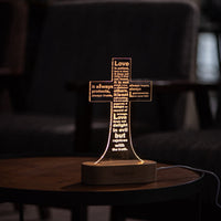 Love is patient (1 Corinthians 13:4-8), Jesus Cross 3D Night Light, Warm White Wooden Base, Cross Light Home Decor