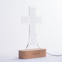 Love is patient (1 Corinthians 13:4-8), Jesus Cross 3D Night Light, Warm White Wooden Base, Cross Light Home Decor