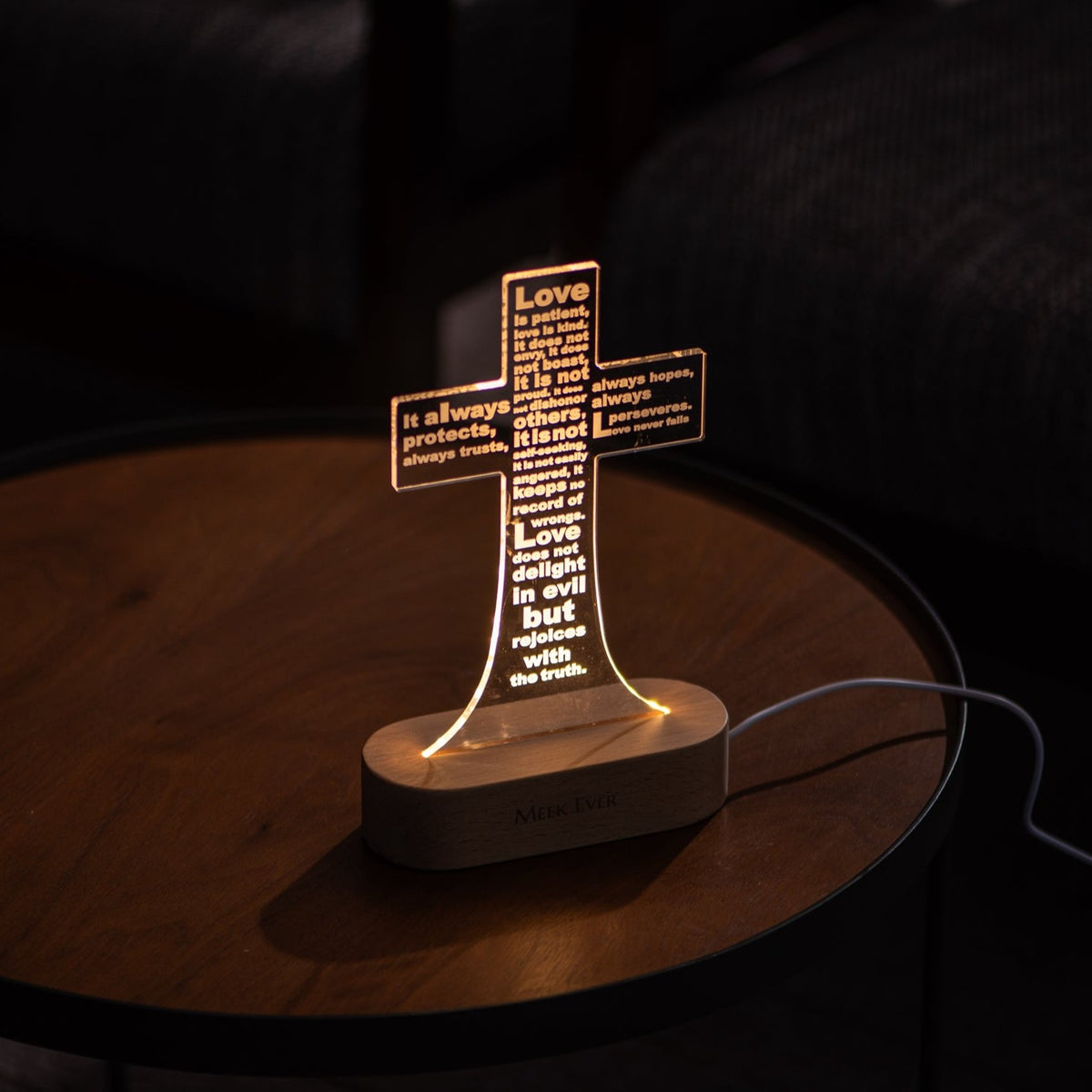 Love is patient (1 Corinthians 13:4-8), Jesus Cross 3D Night Light, Warm White Wooden Base, Cross Light Home Decor