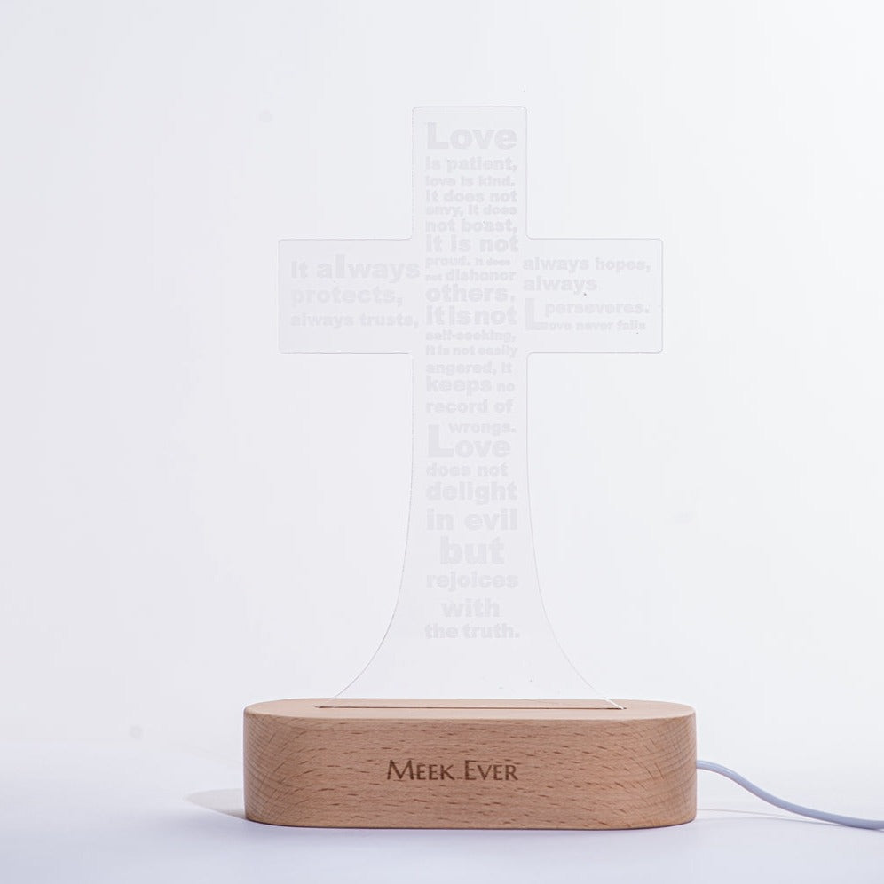 Love is patient (1 Corinthians 13:4-8), Jesus Cross 3D Night Light, Warm White Wooden Base, Cross Light Home Decor