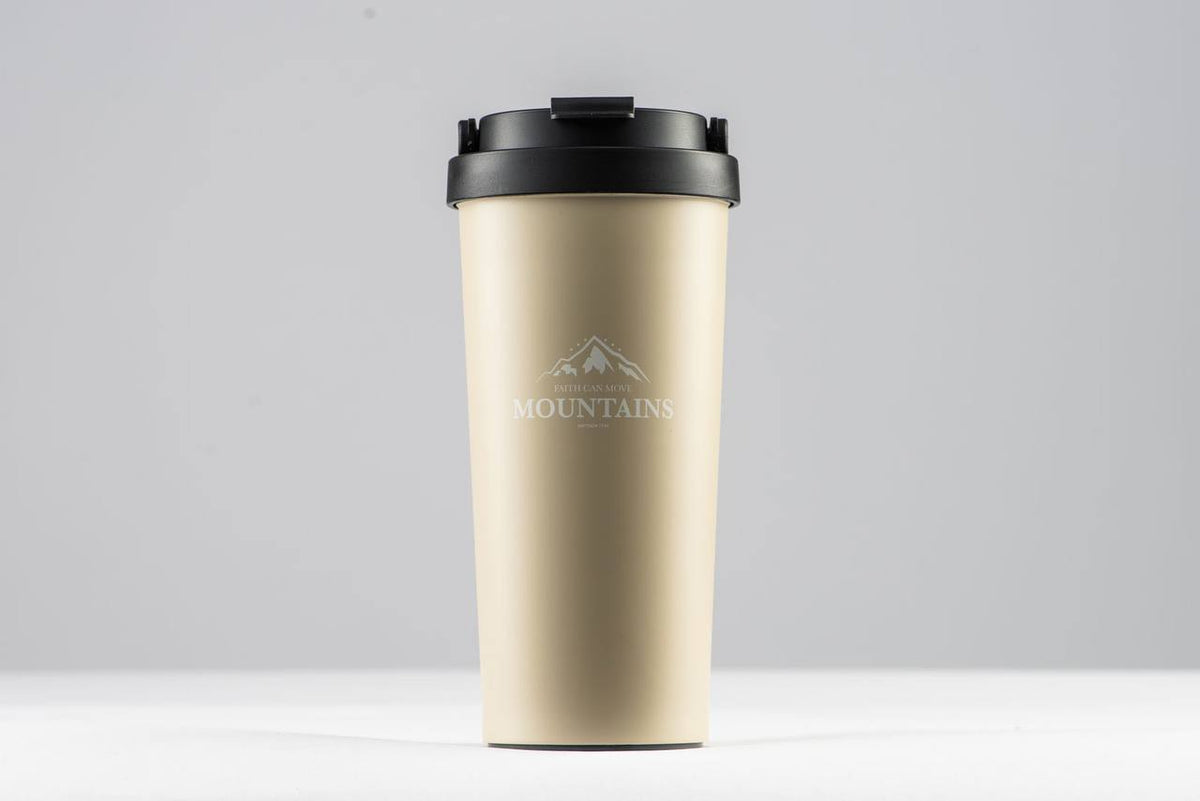 "Faith can move mountains-Matthew 17:20" Coffee cup, stainless steel insulated mug, non-tipping bottom suction cup