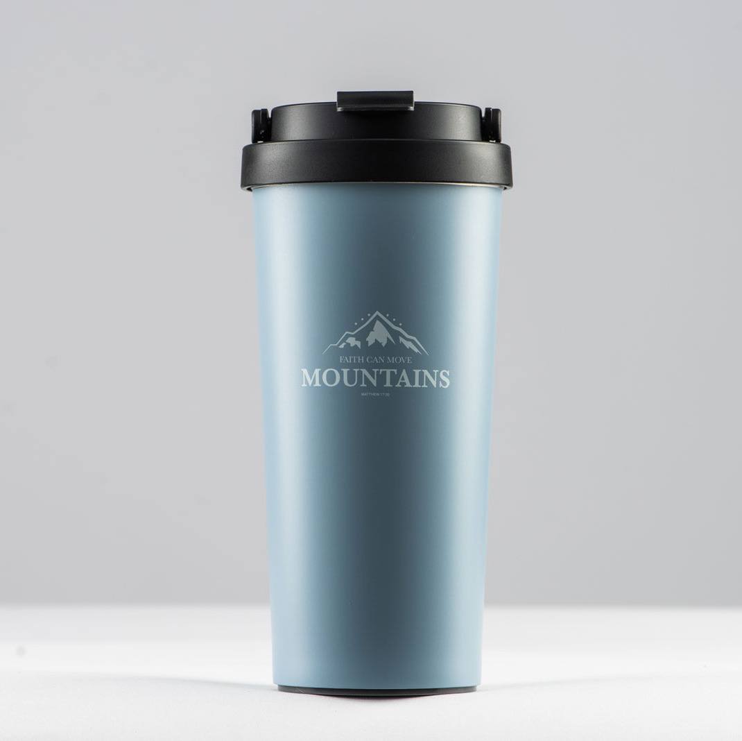 "Faith can move mountains-Matthew 17:20" Coffee cup, stainless steel insulated mug, non-tipping bottom suction cup