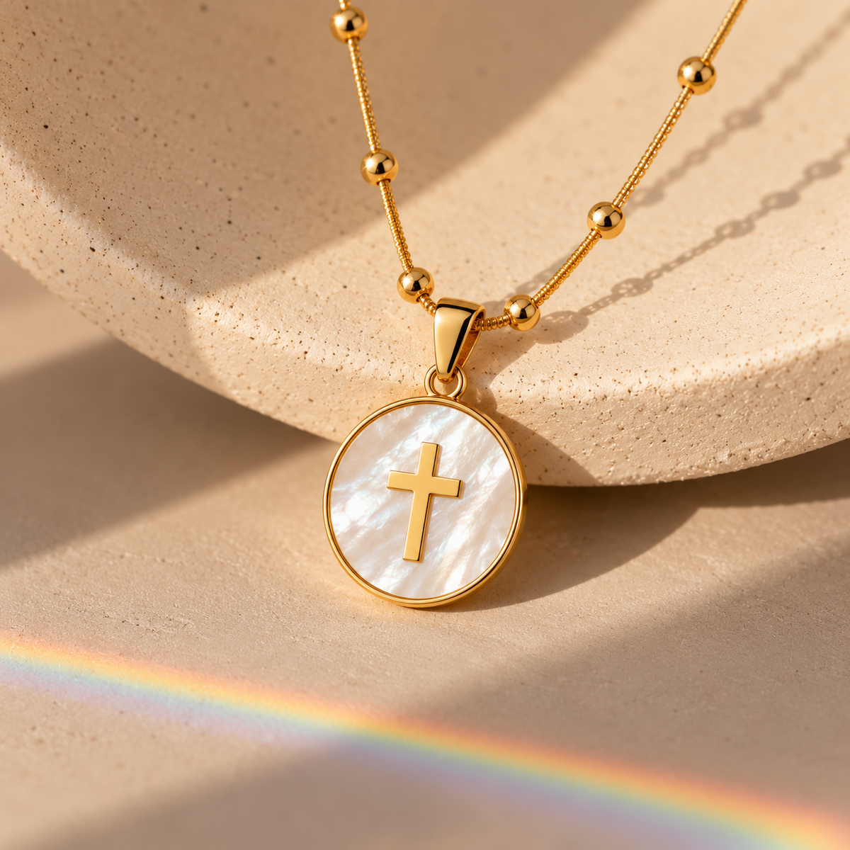 Mother-of-Pearl Cross Medallion Beaded Necklace