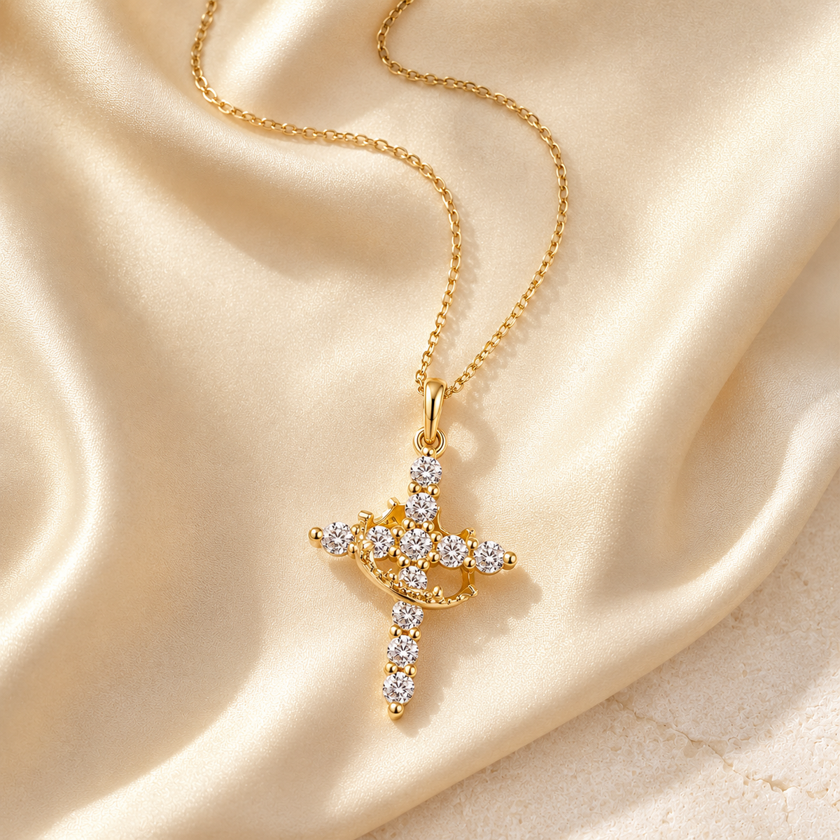 Gold-Plated Crown & Cross Pendant Necklace