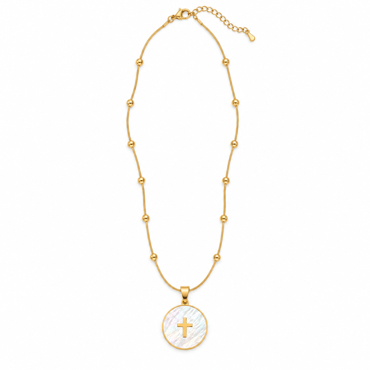 Mother-of-Pearl Cross Medallion Beaded Necklace
