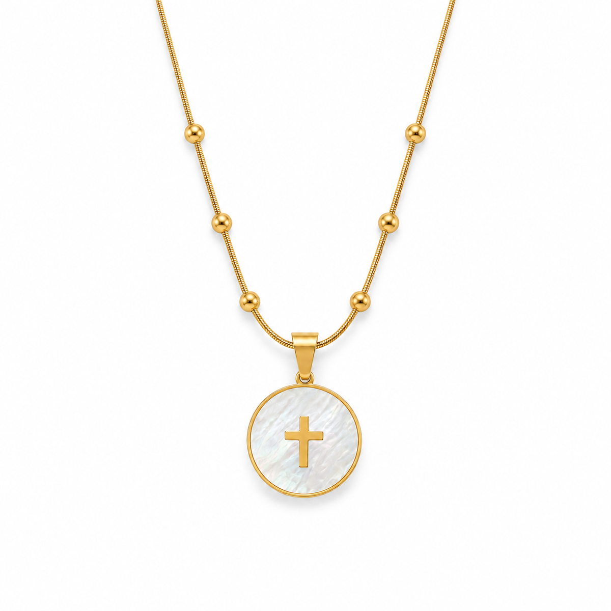 Mother-of-Pearl Cross Medallion Beaded Necklace