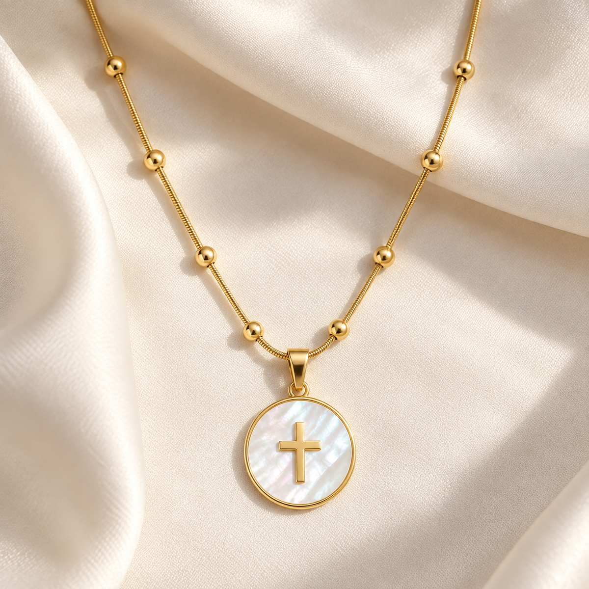 Mother-of-Pearl Cross Medallion Beaded Necklace