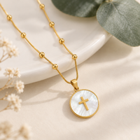 Mother-of-Pearl Cross Medallion Beaded Necklace