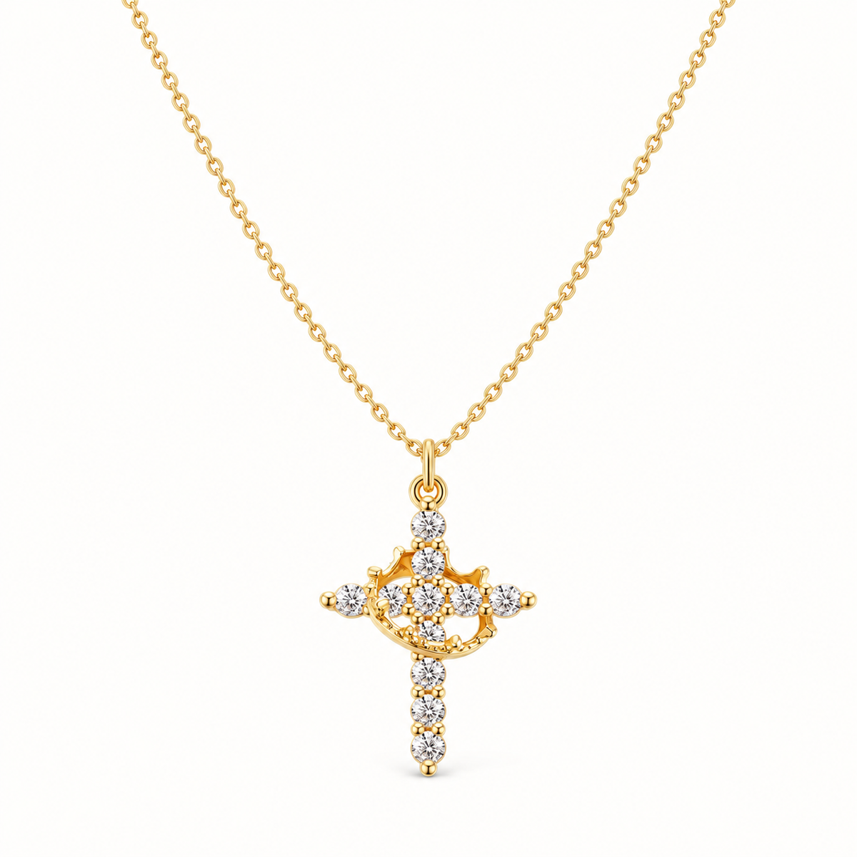 Gold-Plated Crown & Cross Pendant Necklace