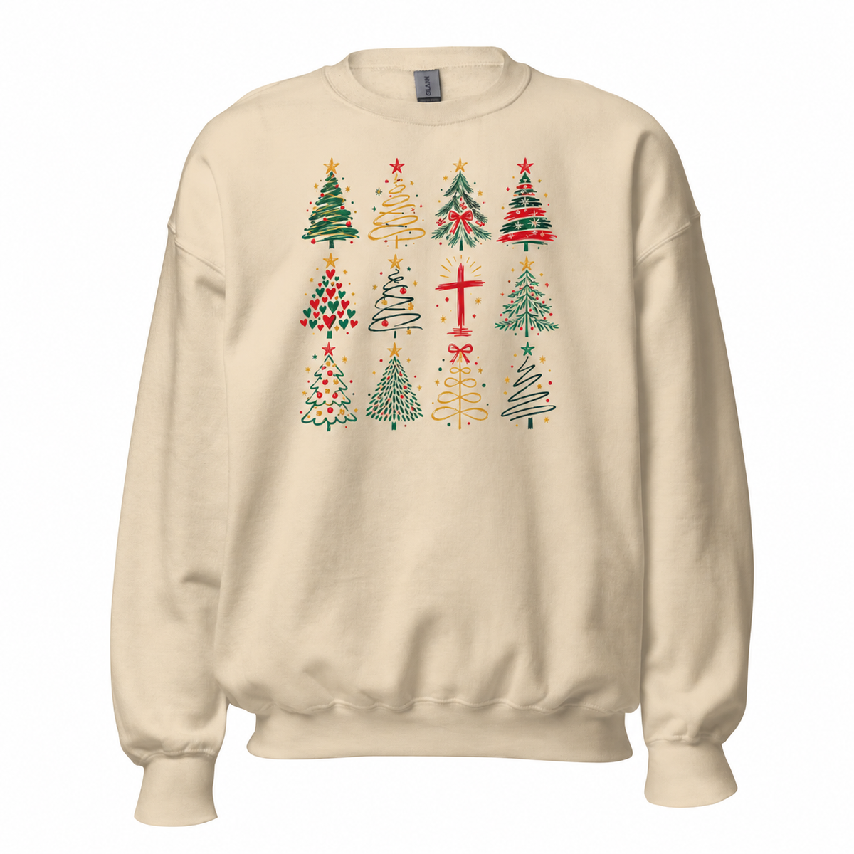 Christian Christmas Sweatshirt – Faith Inspired Christmas Trees & Cross Crewneck