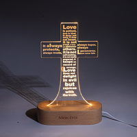 Love is patient (1 Corinthians 13:4-8), Jesus Cross 3D Night Light, Warm White Wooden Base, Cross Light Home Decor