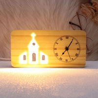 Solid Wood Carved Hollow Clock Ornament - Christian 3D Night Light - Cross, Church, Jesus Carving Options