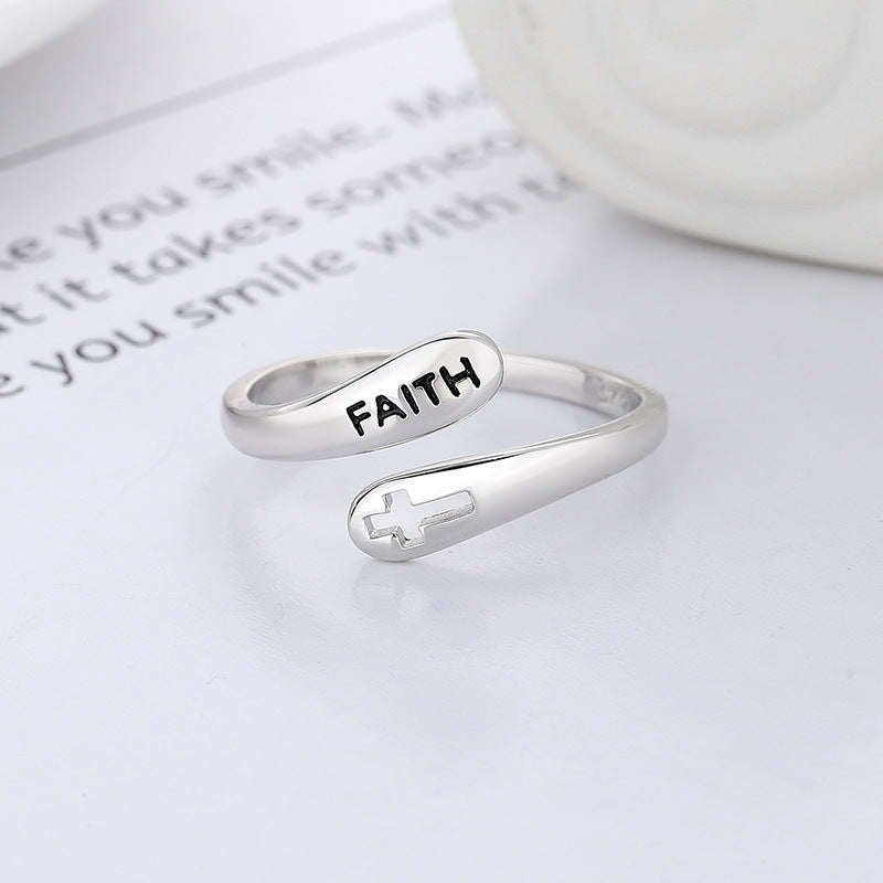 Faith Cross Sterling Silver Ring - Open Design - Adjustable Band- Christian Jewelry - Christian Gift