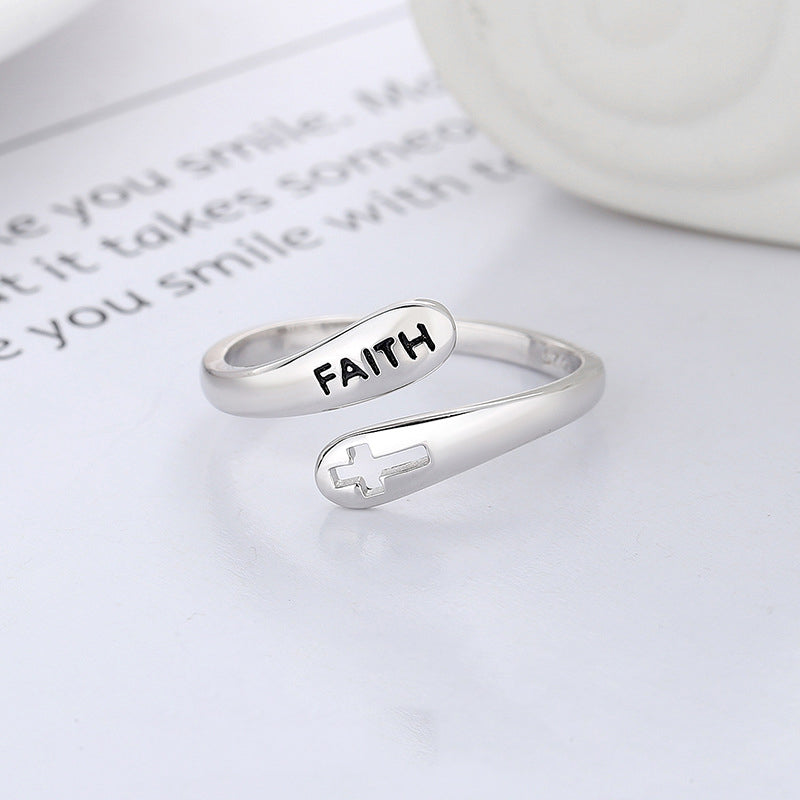 Faith Cross Sterling Silver Ring - Open Design - Adjustable Band- Christian Jewelry - Christian Gift