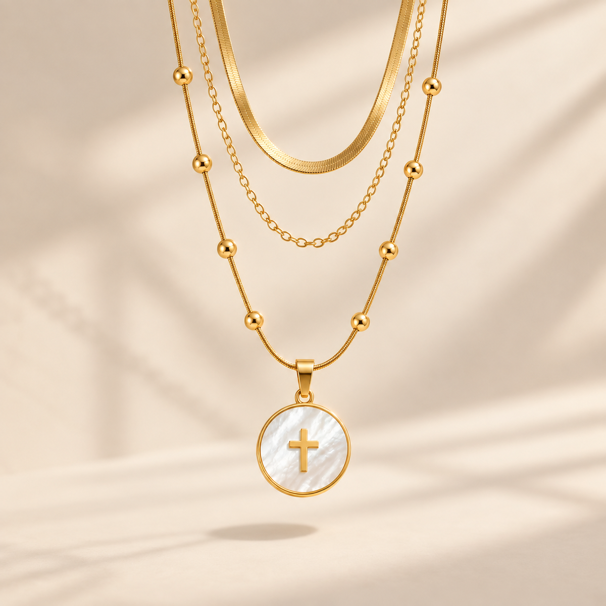 Mother-of-Pearl Cross Medallion Beaded Necklace