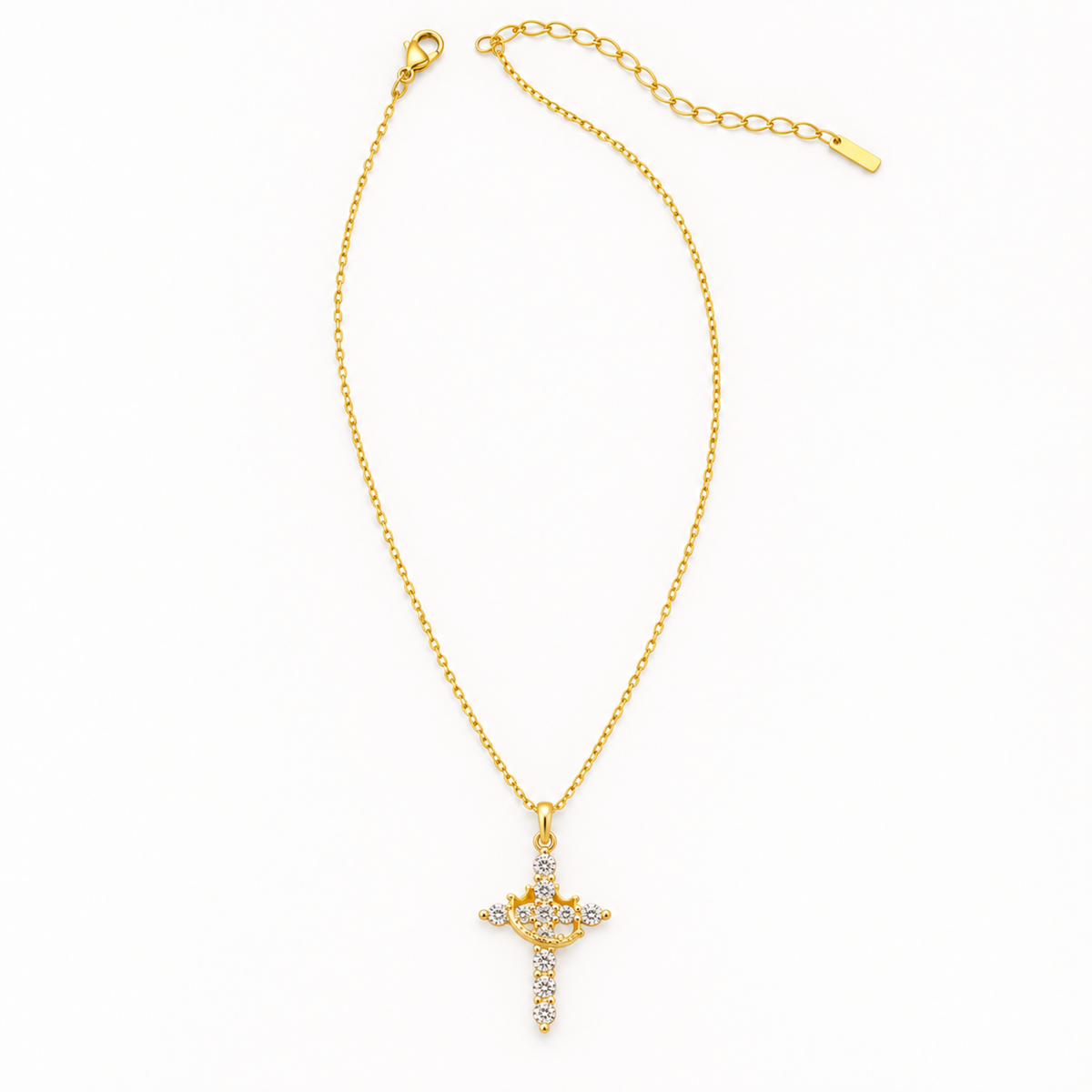 Gold-Plated Crown & Cross Pendant Necklace