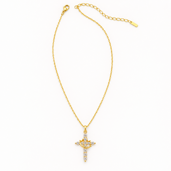 Gold-Plated Crown & Cross Pendant Necklace