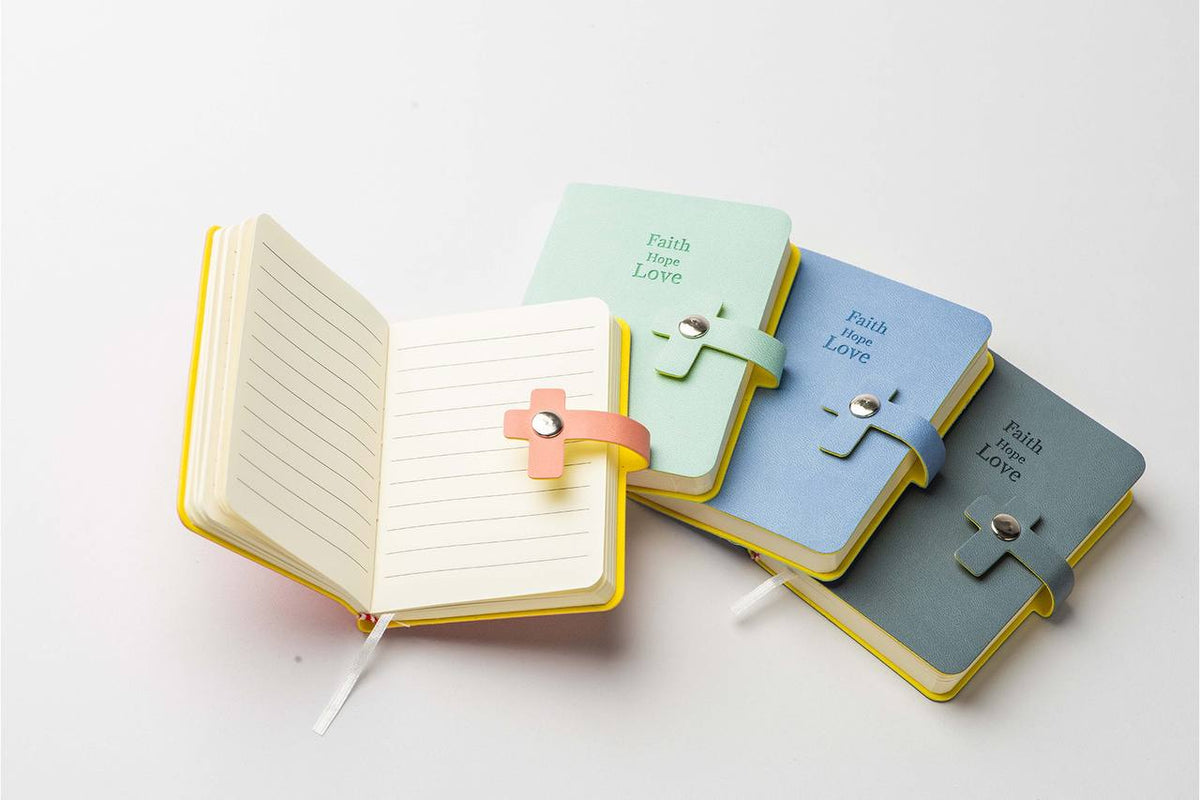"Faith, Hope, Love" Cross-Embossed Mini Notebook with Snap Closure, Pocket-Sized Journal, Four Color Options